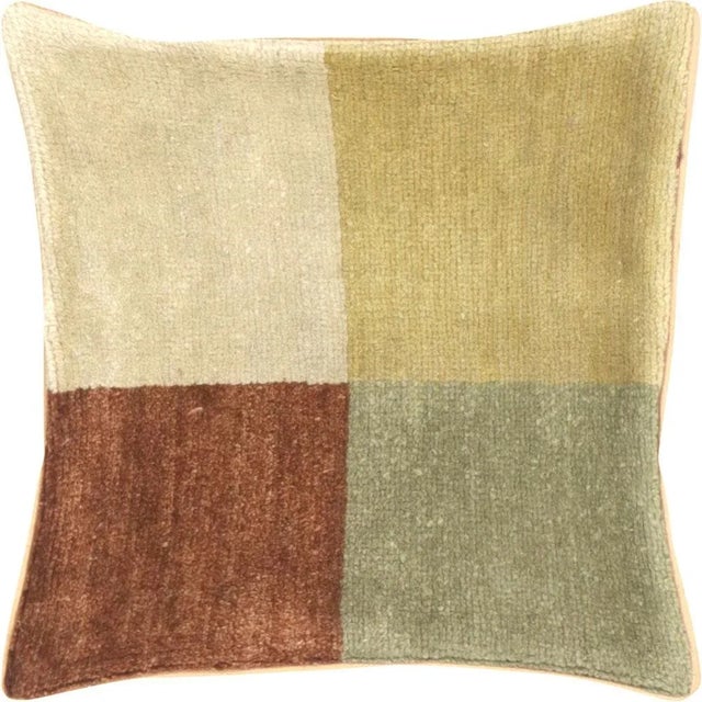 1960s Turkish Oushak Pillow. Hand sewn with fragments of Turkish hand made Oushak wool carpets. Fiber fill. 522219