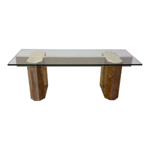 Mid-Century Modern Travertine Coffee Table With Polished Edge Glass Top, 1970s