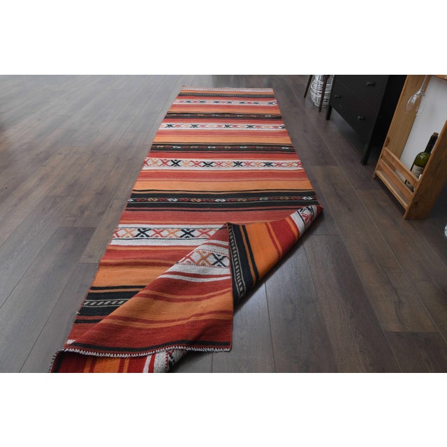 Orange 1970s Vintage Handmade Wool Cotton Kilim Runner Rug For Sale - Image 8 of 10
