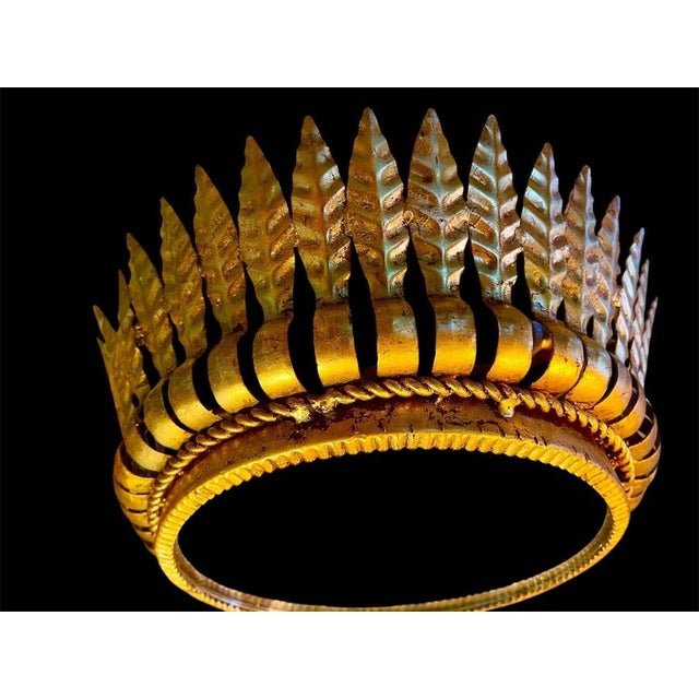 Large Spanish Crown Sunburst Fixture in Gilt Metal and Frosted Glass, 1950 For Sale - Image 4 of 10