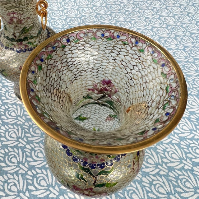 Paint Pair of antique Plique-a-jour cloisonne vases with colorful transparent enamel // Chinoiserie // enamelware // enameled // Asian art For Sale - Image 7 of 10