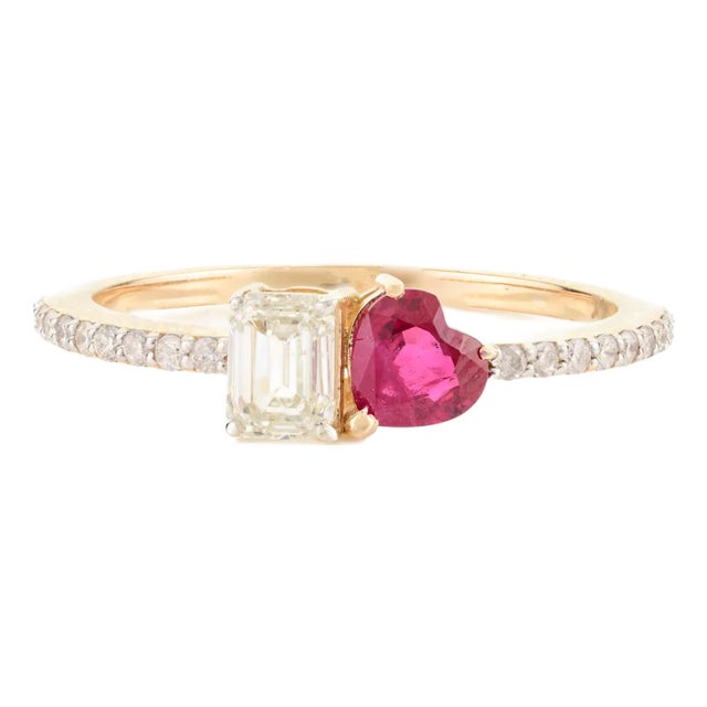 Heart Cut Ruby Diamond Toi Et Moi Ring for Valentine in 14k Gold Size 7 For Sale