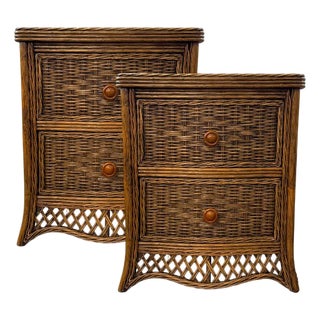 Tommy Bahama Style Woven Rattan Two-Drawer Nightstands – Pair For Sale