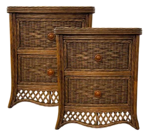 Tommy Bahama Style Woven Rattan Two-Drawer Nightstands – Pair