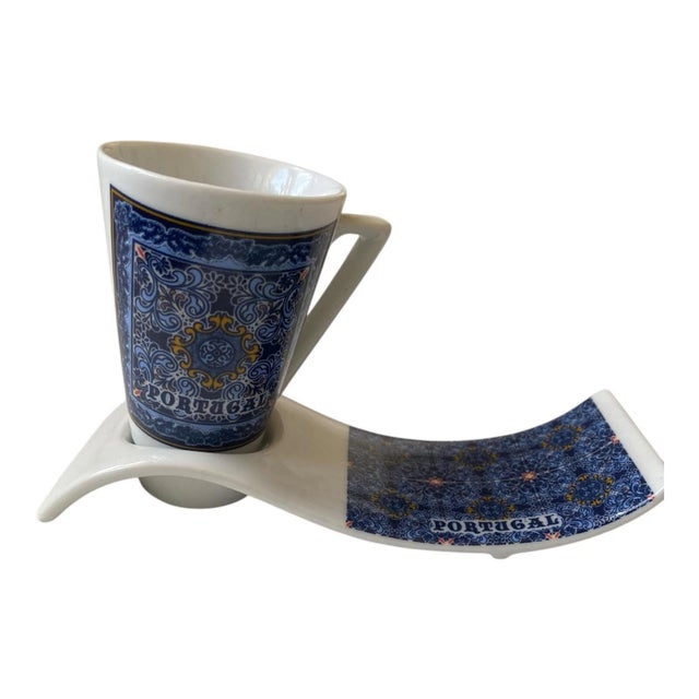 Rustic European Portuguese Ceramic Espresso Cup & Tray Set - Souvenir From Portugal - Blue Tile For Sale - Image 3 of 10