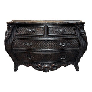 Ralph Lauren Rattan & Carved Wood Bombe Chest of Drawers For Sale