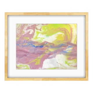 Neon Sun I Japanese Marbling, Ink on Paper Original Art in Oak Frame For Sale