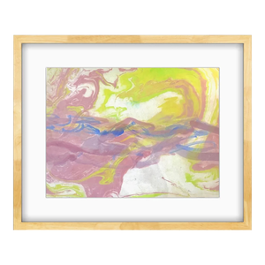Neon Sun I Japanese Marbling, Ink on Paper Original Art in Oak Frame