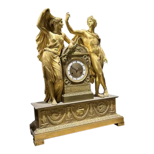 French Antique Empire Gilded Figural Bronze Mantle Clock, Att. Thomire, Circa 1880