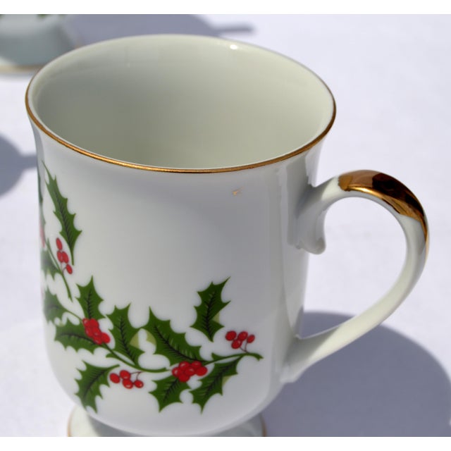 Set 4 Japan Porcelain & Gold Trim Footed Mug Christmas Holly by All the Trimmings For Sale - Image 9 of 16