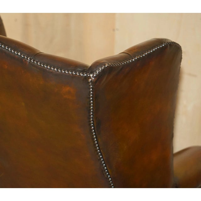 Vintage Pair of Chesterfield Chestnut Brown Leather Wingback Armchairs & Footstools For Sale - Image 13 of 18