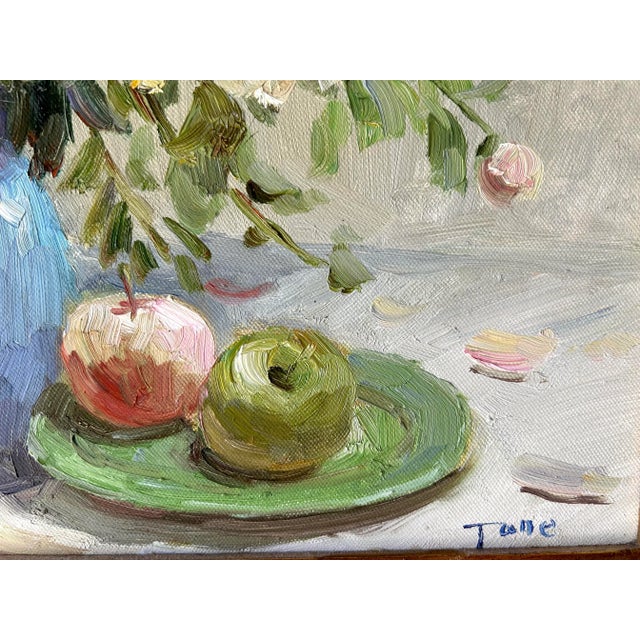 Late 20th Century Impressionist Floral Still Life Painting of Peonies and Apples For Sale - Image 11 of 12