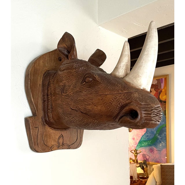 Tribal Large Hand Carved Wood Rhinoceros Head Wall Hanging For Sale - Image 3 of 8