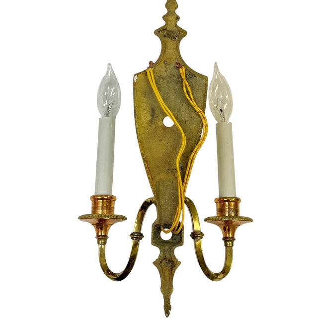 Vintage Pair of Brass & Copper Neoclassical Double-Arm Wall Sconces With Pleated Silk Shades For Sale - Image 15 of 18
