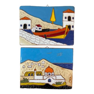 Vintage Terra Cotta Brightly Colored Mediterranean Landscape Wall Tiles by Dedallos Co Greece For Sale