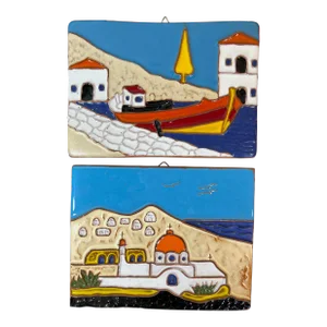 Vintage Terra Cotta Brightly Colored Mediterranean Landscape Wall Tiles by Dedallos Co Greece