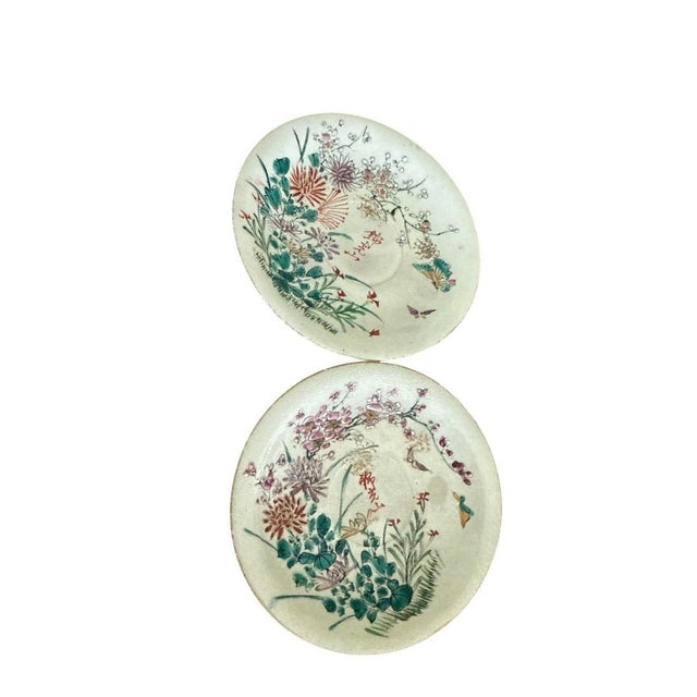Mid 20th Century Vintage Japanese Satsuma Style Tea Set Hand Painted Floral Crackle Glaze Green Handles - Set of 7 For Sale - Image 5 of 12