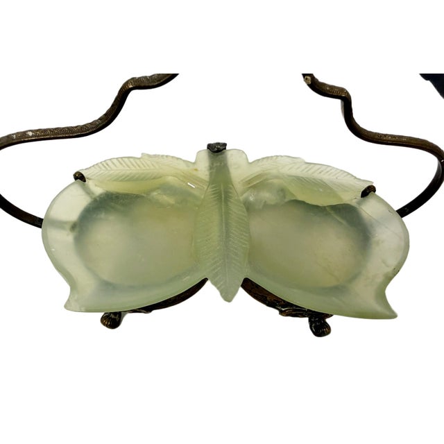 Chinoiserie Early 20th Century Chinese Export Carved Celadon Jade & Brass Butterfly Peach Dish For Sale - Image 3 of 4