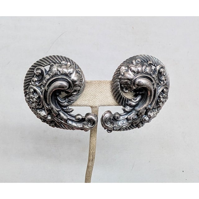 1950s Vintage Signed Napier Silvertone Baroque Style Repoussé Swirl Clip Earrings-2 Pieces For Sale - Image 5 of 8