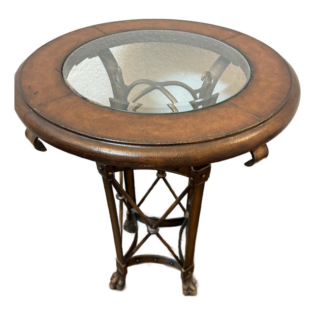 Vintage Leather & Antiqued Metal Side Table in the Style of Maitland-Smith For Sale