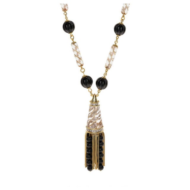 Vintage Rock crystal quartz and black onyx bead necklace featuring 0.85 carats of full-cut diamonds in 18K yellow gold....
