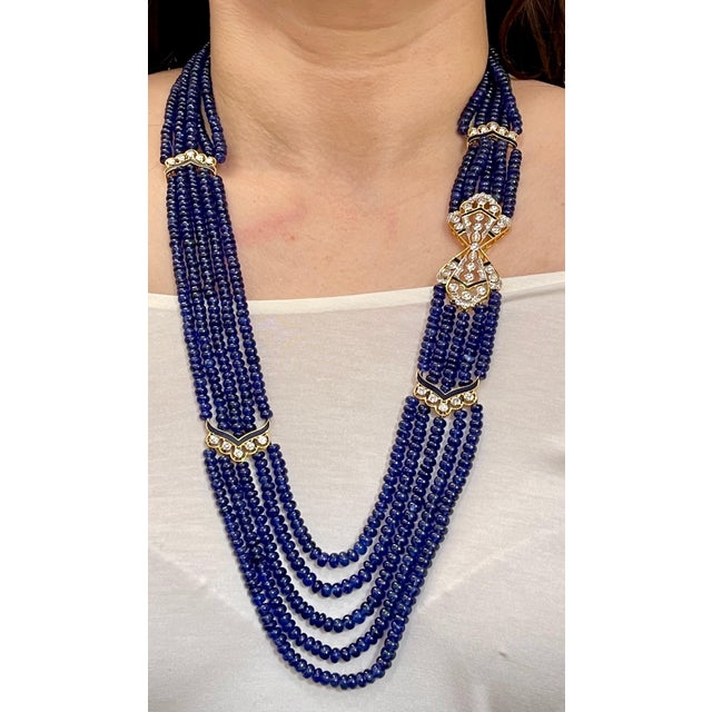 Contemporary 1000 Ct Natural Tanzanite Bead Five Strand Necklace + 4.5 Ct Diamond 14 K Y Gold For Sale - Image 3 of 18