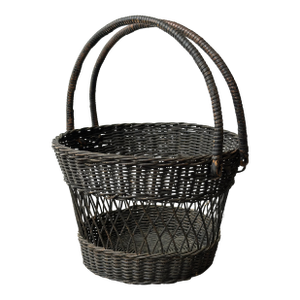 Antique Black Painted Wicker Gathering Basket, Circa Early 20th Century