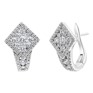 18K White Gold 1 1/10 Cttw Round Diamond Cluster with Halo Hoop Huggie Earring (F-G Color, VS1-VS2 C For Sale