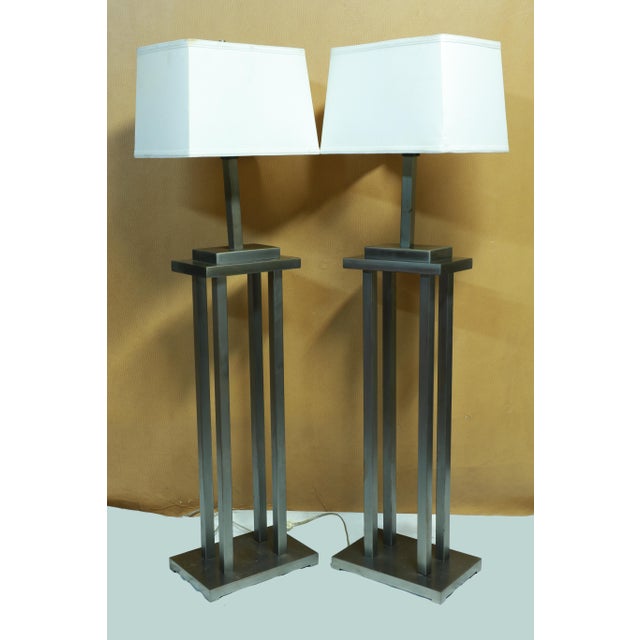Mid Century George Kovacs Style Skyscraper Steel Architectural Floor Lamps with Shades For Sale - Image 10 of 11