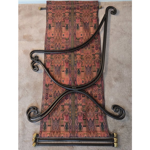 1980s Attributed to David Hicks Wrought Iron Tapestry Sling Chair With Brass Finials For Sale - Image 16 of 16