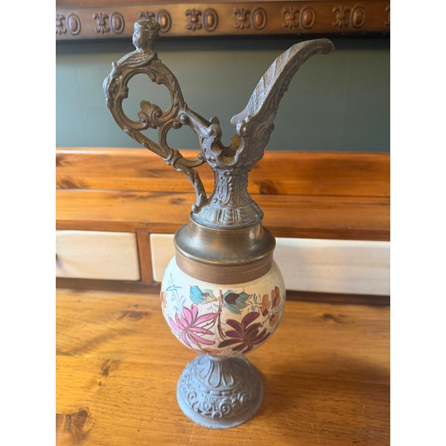 Statement Antique Victorian Spelter & Hand-Painted Ceramic Mantel Ewers - A Pair For Sale - Image 13 of 17