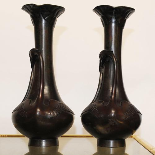 A pair of japanese meiji-era bronze crane vases signed and numbered. Manufacturer - unknown design period - 1868-1912...