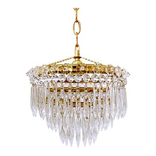 1950s Italian Brass and Crystal Rosettes Rim Upside Down Layered Cake Chandelier For Sale