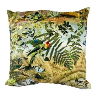 20" Square Decorative Throw Pillow With a Playful Pattern Depicting Parrots and Butterflies Darting Among Foliage and Temple Ruins - Made in the U K For Sale