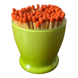 Repurposed Glass Match Striker – Vintage Lime Green Case Glass With Orange Matches (2.5” X 2.5”)