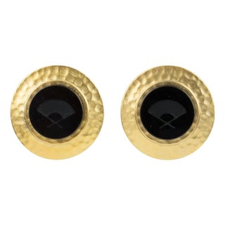 Karl Lagerfeld Paris Gilt Metal Clip Earrings with Black Intaglio For Sale