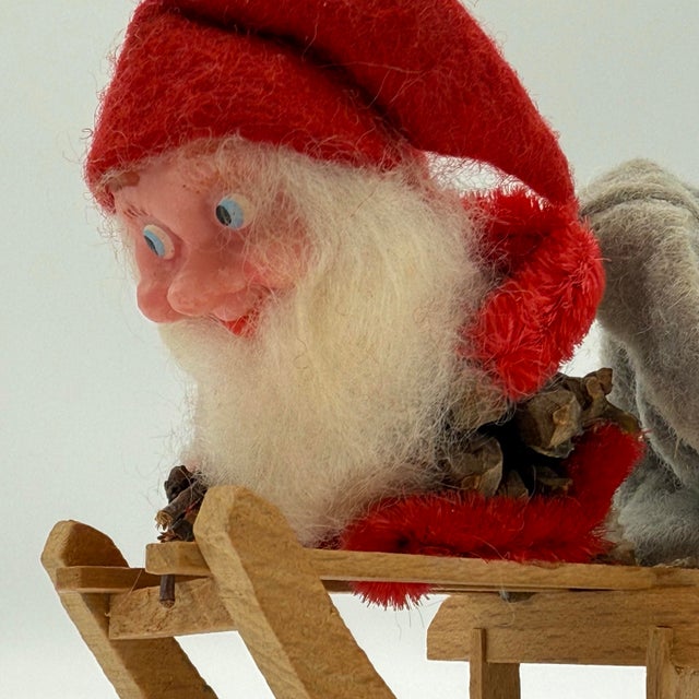 Rustic European Vintage German Erzgebirge Pinecone Santa on Wooden Sled – Mid-Century Christmas Folk Art With Toy Train For Sale - Image 3 of 12