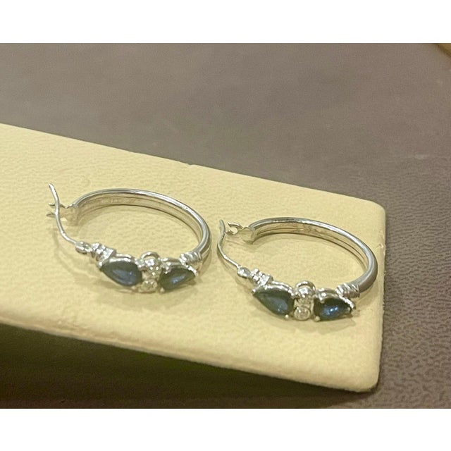 Contemporary Pear Shape Sapphire and Diamond Hoop Cocktail Earrings in 14 Karat White Gold For Sale - Image 3 of 18