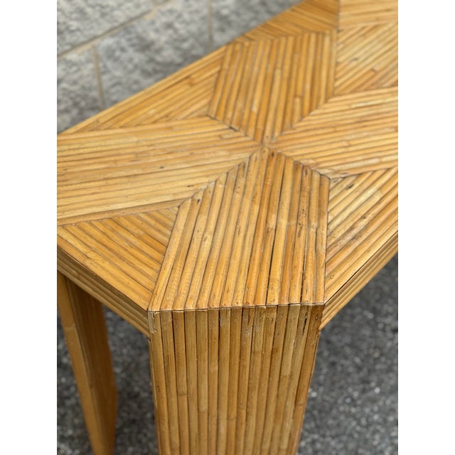 Vintage Palm Beach Pencil Reed Console With Geometric Inlaid Top in Style of McGuire For Sale - Image 9 of 12