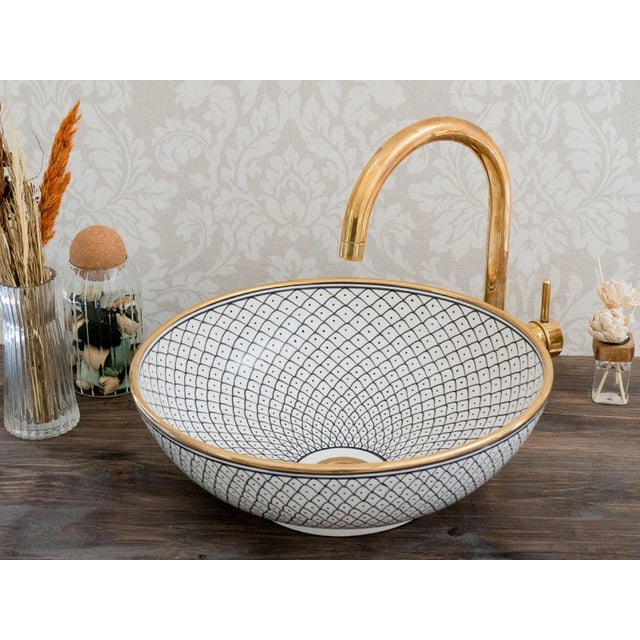 Ceramic 14k Gold Rim Handmade Top Bathroom Sink For Sale - Image 4 of 4