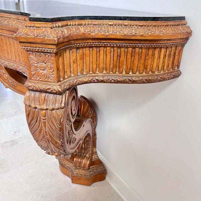 Italian Vintage Maitland Smith stone-top table // tesselated black granite and limestone // carved demilune // wall-mount table // no free shipping For Sale - Image 3 of 10