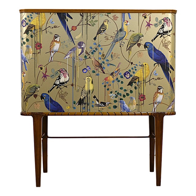 Swedish Gold Cabinet with Christian Lacroix Wallpaper, 1950s For Sale