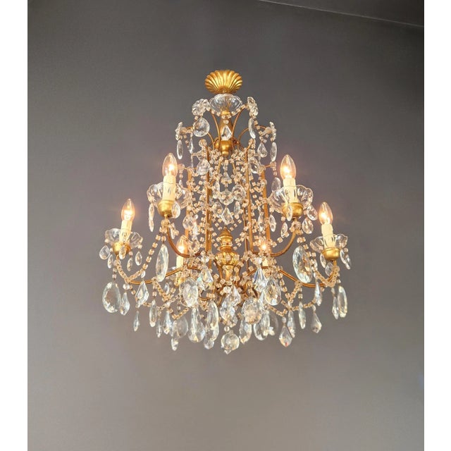 Metal Gilded Iron and Crystal Chandelier Italian Louis XVI Style Antique Neoclassical For Sale - Image 7 of 14