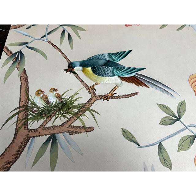 Hand‑Painted Chinoiserie Tropical Garden Mural Wall Panels, Botanical Bird & Fruit Wallpaper For Sale - Image 6 of 11