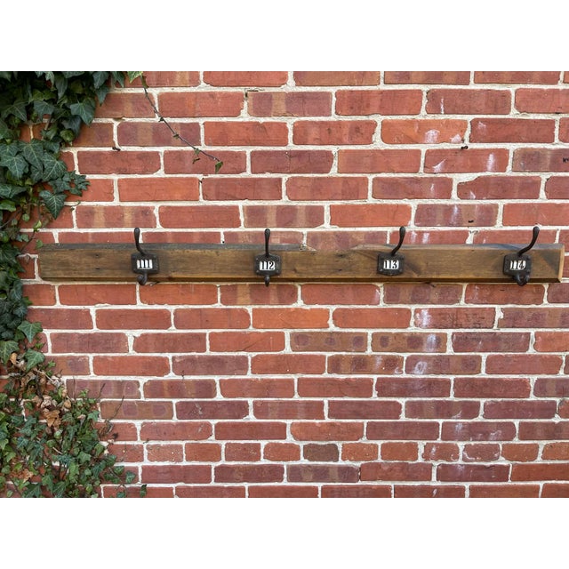 Late 19th Century Antique English Yellow Pine Cast Iron Wooden Coat Rail 1890s For Sale - Image 5 of 8