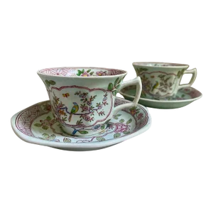 1960s Adams Calyx Ware, "Singapore Bird" Motif Tea Cups and Saucers Set- 4 Pieces