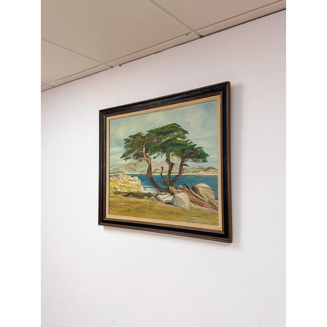 Traditional Vintage Oil Painting Coastal Landscape Gnarled Tree Seascape Signed Framed For Sale - Image 3 of 9