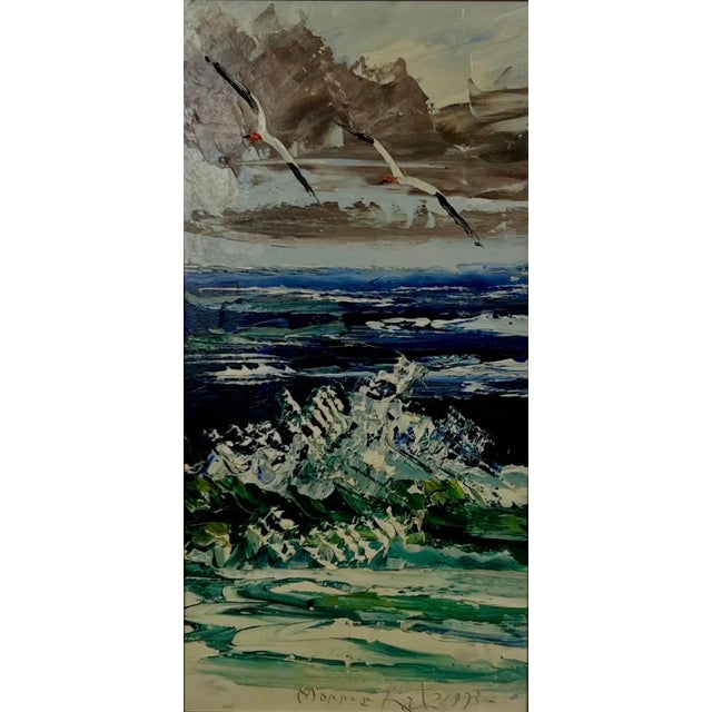 Morris Katz Seascape with Seagulls Textured Oil in Silver Frame, Signed 1973 An expressive seascape oil painting by Morris...