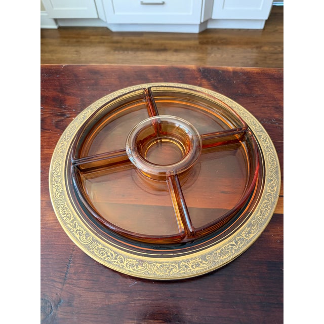 Cambridge Glass Company Early 20th Century Cambridge Glass Co. Gold Encrusted Amber Glass Divided Relish Dish With Center Insert - 6-Piece For Sale - Image 4 of 12