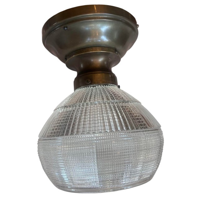 American Zipper Pattern Holophane Flushmount Fixture on Large Bronzing Brass Holder, Circa 1930 For Sale - Image 3 of 4